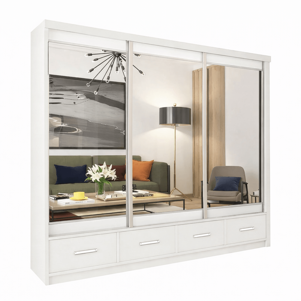 White CHOICEWARDROBE Newry 250cm 3-door sliding wardrobe with mirrored doors and visible drawers below.