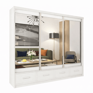 White CHOICEWARDROBE Newry 250cm 3-door sliding wardrobe with mirrored doors and visible drawers below.