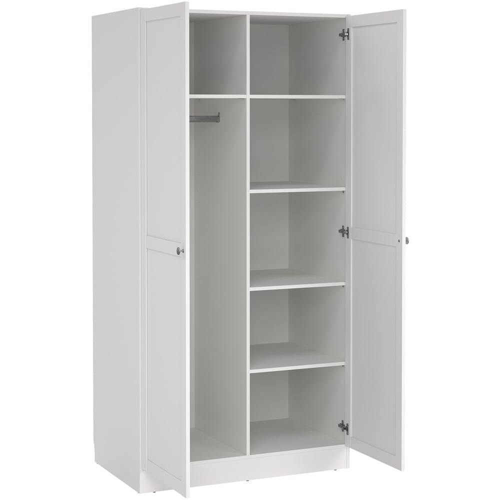 White 2-Door Wardrobe with open doors showing shelves and hanging rail inside.