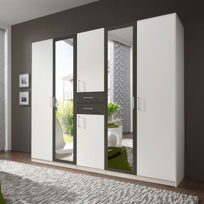 CHOICEWARDROBE DAKAR 5-door wardrobe in white and graphite with mirrored doors.