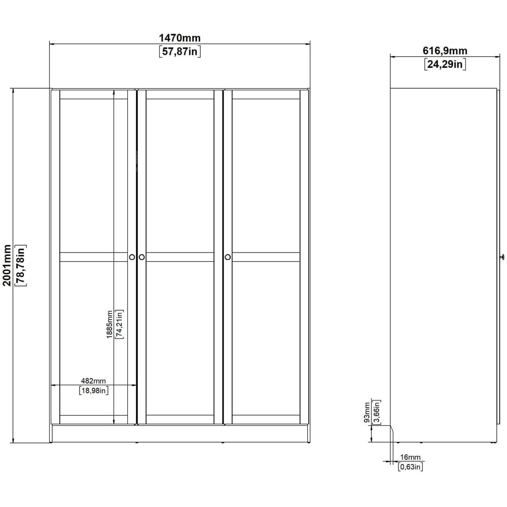 Technical drawing of Florence Brande 3-door wardrobe in Jackson Hickory Oak finish, 1470mm wide x 2001mm tall.
