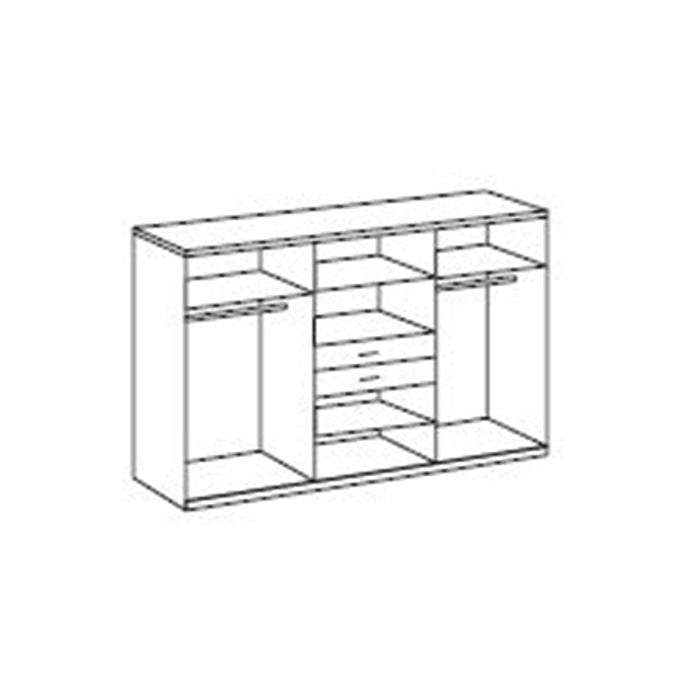 Line drawing of CHOICEWARDROBE DAKAR 6-door wardrobe showing 3 central drawers and multiple open shelves.