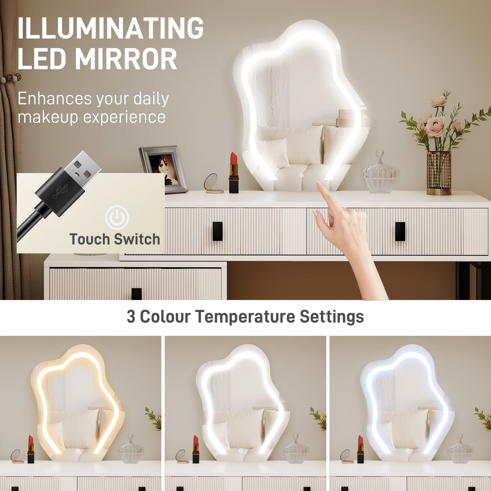 homcom dressing table vanity desk with leaf shape mirror makeup table with 5 drawers 3 colour led lights 100x40cm tabletop white