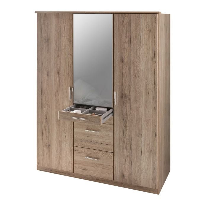 CHOICEWARDROBE 3-door oak wardrobe with central mirror and pull-out drawers