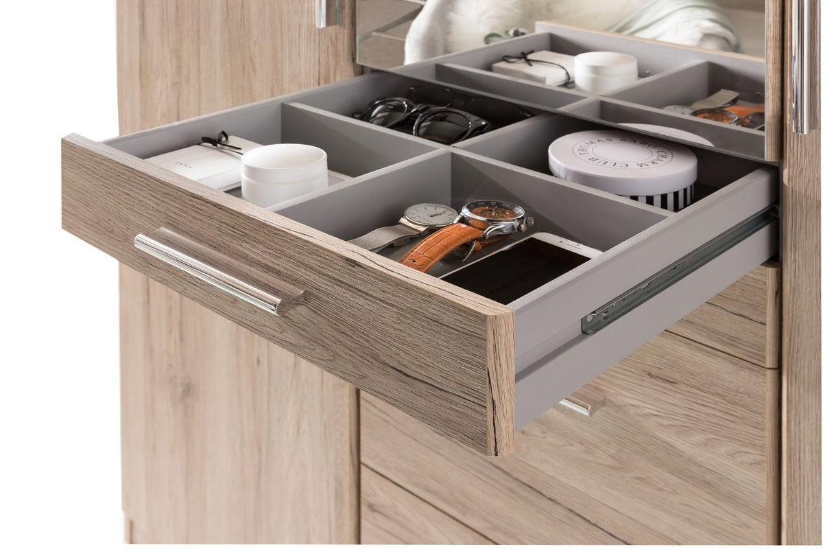 CHOICEWARDROBE Acorn Oak finish wardrobe pull-out drawer with watches, sunglasses, and smartphone.