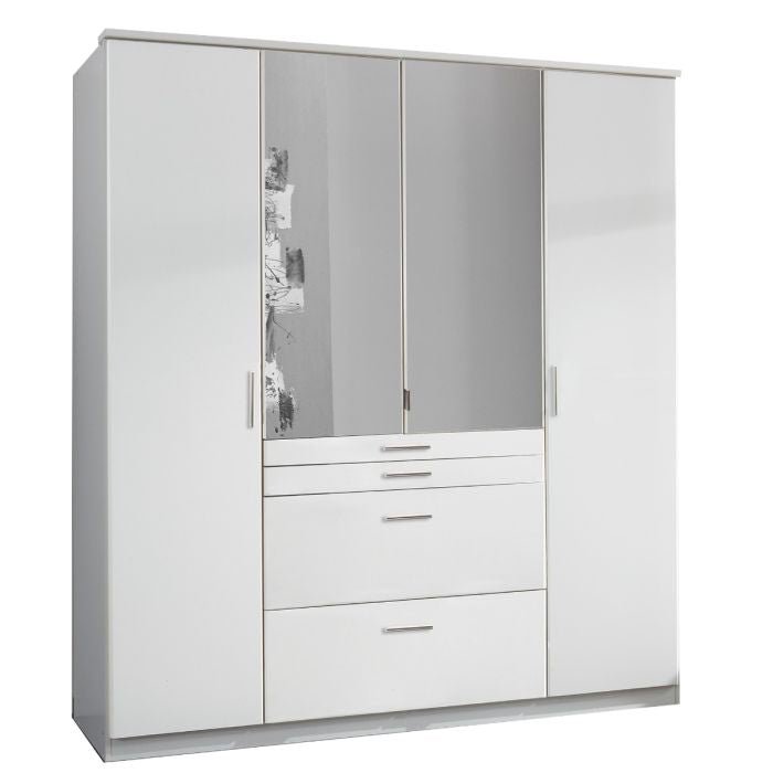 CHOICEWARDROBE ACORN 4-door white wardrobe with central mirrored doors and three drawers.