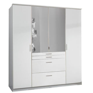 The ACORN 4 Door Mirrored Wardrobe in white (180cm) features four doors—two with mirrors—and three central drawers, offering organized storage in a stylish design.