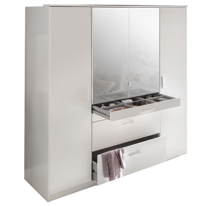CHOICEWARDROBE Acorn 4-door white wardrobe with central mirrored doors and integrated drawers.