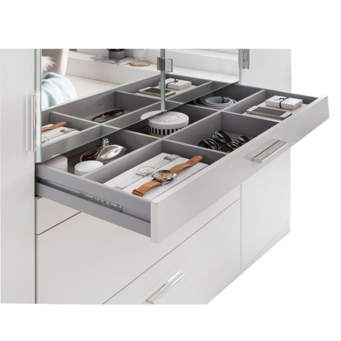 CHOICEWARDROBE Acorn 4-door white wardrobe internal accessory drawer with watches and sunglasses.