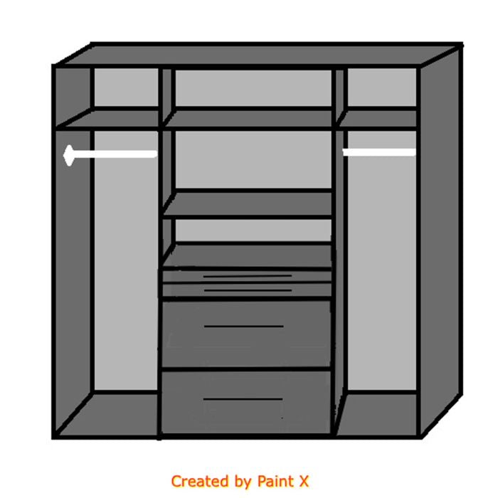 Grayscale illustration of CHOICEWARDROBE 4-door wardrobe with central mirror, drawers, and hanging space.