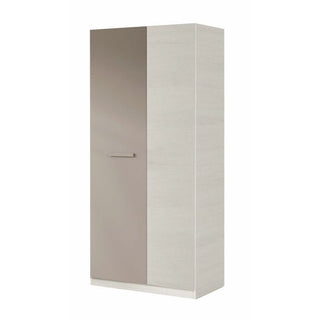 The ALMIRA 2 Door Wardrobe, in white and grey with a sleek horizontal handle, is perfect for modern bedrooms. Size: 90cm.