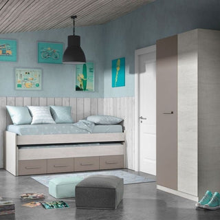 A modern bedroom with light blue walls, a single bed with drawers, the ALMIRA 2 Door Wardrobe in white and grey (90cm), a gray pouf, wall art, neatly made blue bedding, and sneakers on the floor near a rug.