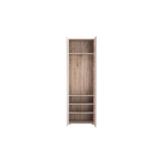 The AMANDA 2 Door Mirrored Wardrobe in white gloss and oak effect (60cm) features a tall, narrow design with a wooden interior, one upper shelf, a hanging rod, three lower shelves, and outward-opening white doors. The image is centered on a white background.