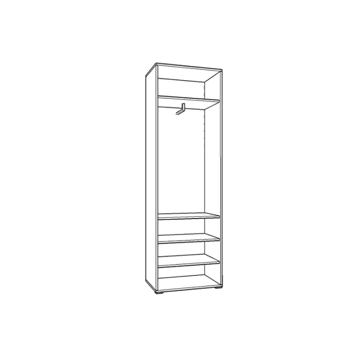 Line drawing of AMANDA narrow wardrobe with hanging rail and four shelves.