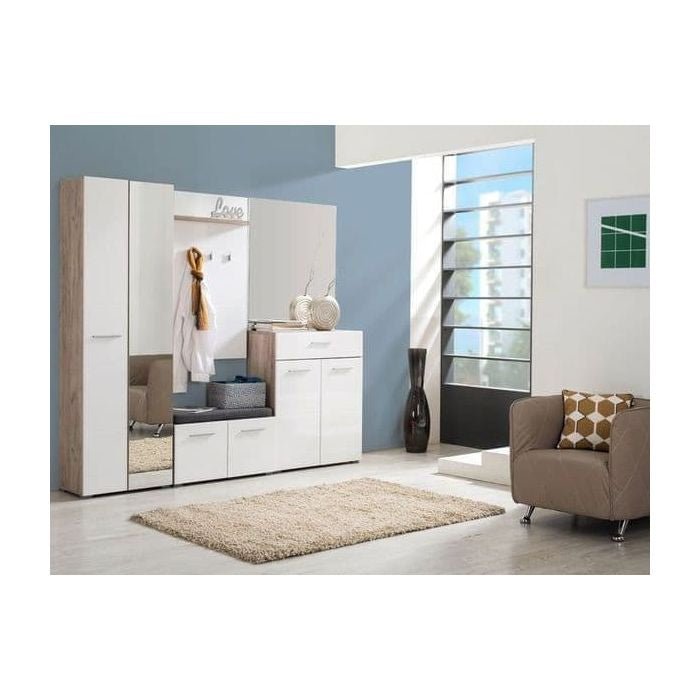 White gloss and oak effect 2-door mirrored wardrobe hallway storage unit.