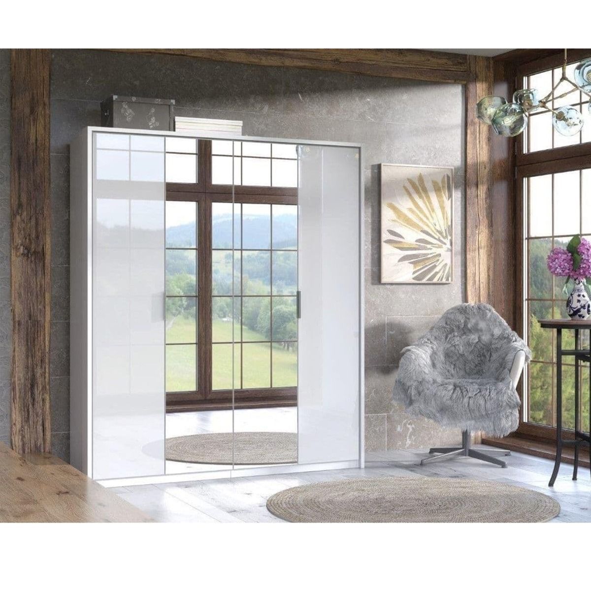 CHOICEWARDROBE Angela 4-door hinged wardrobe in white high gloss with mirrored doors.