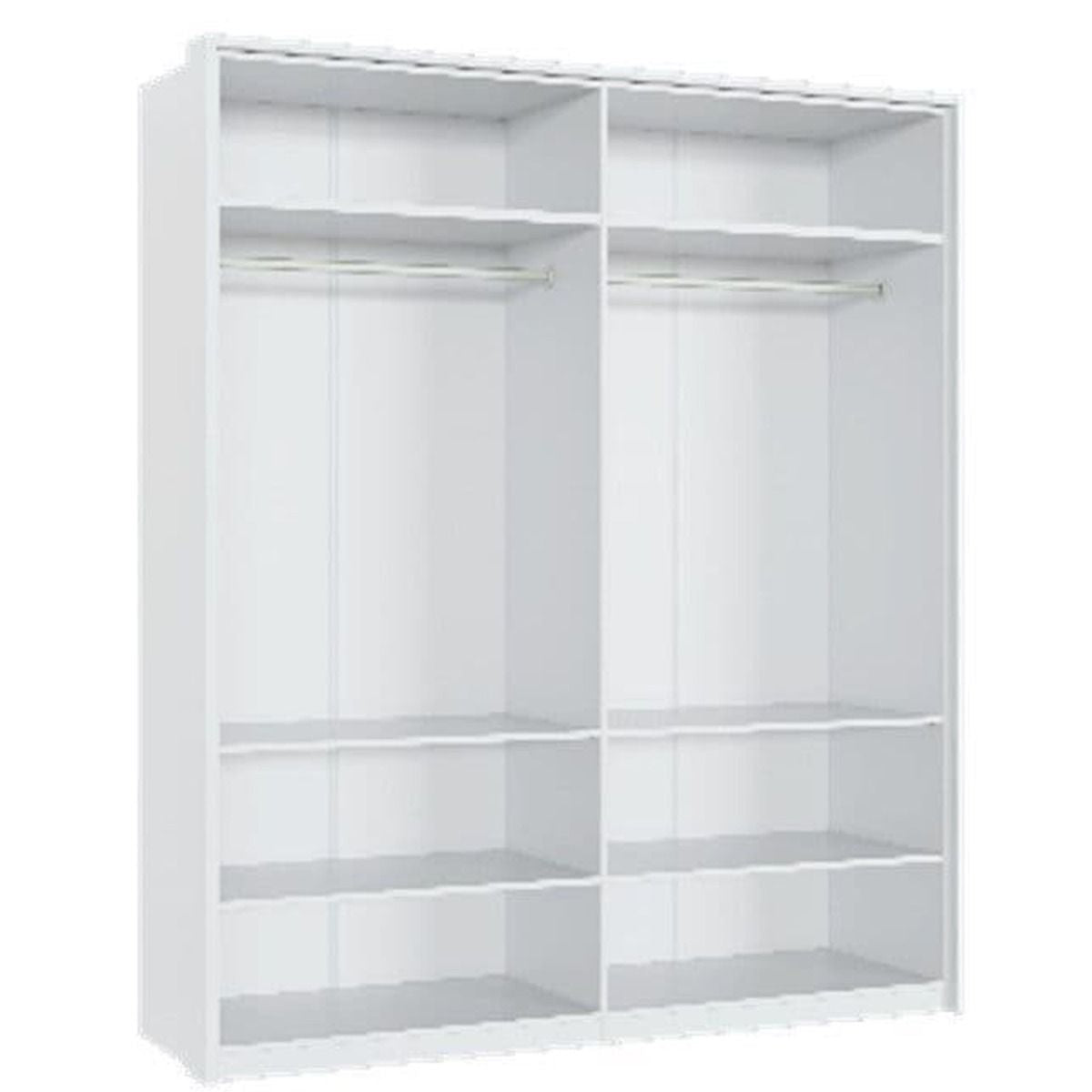 CHOICEWARDROBE Angela 4-door white high gloss wardrobe with two open compartments, each with hanging rail and three shelves.