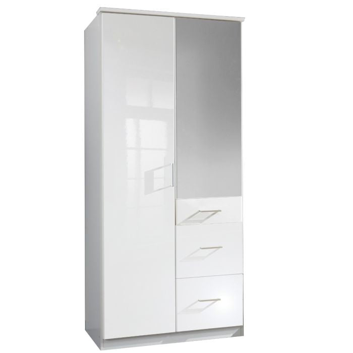 CHOICEWARDROBE CALLISTO 90cm 2 door hinged wardrobe, white high gloss with mirrored door and silver handles, 3 drawers.