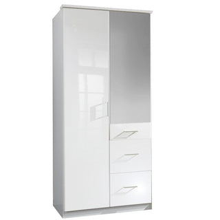 The CALLISTO 2 Door Wardrobe in White (90cm) features a mirrored right door, solid left door, three lower drawers, and sleek rectangular silver handles—offering stylish storage for any bedroom.