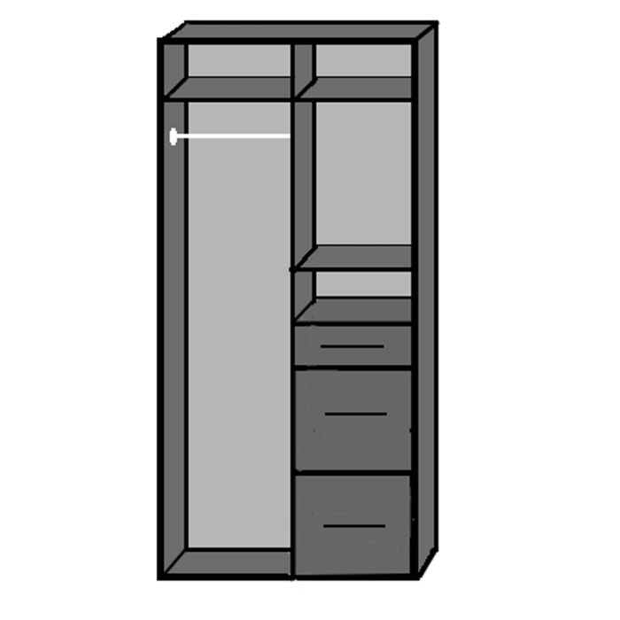 Wardrobe with mirrored door, hanging rail, shelves and drawers internal layout