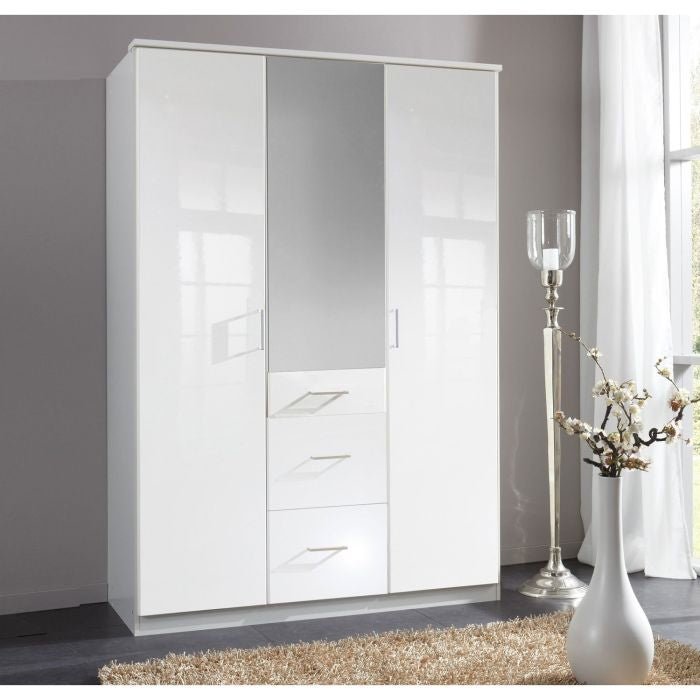 White high gloss 3-door wardrobe with mirrored centre door and trendy handles.
