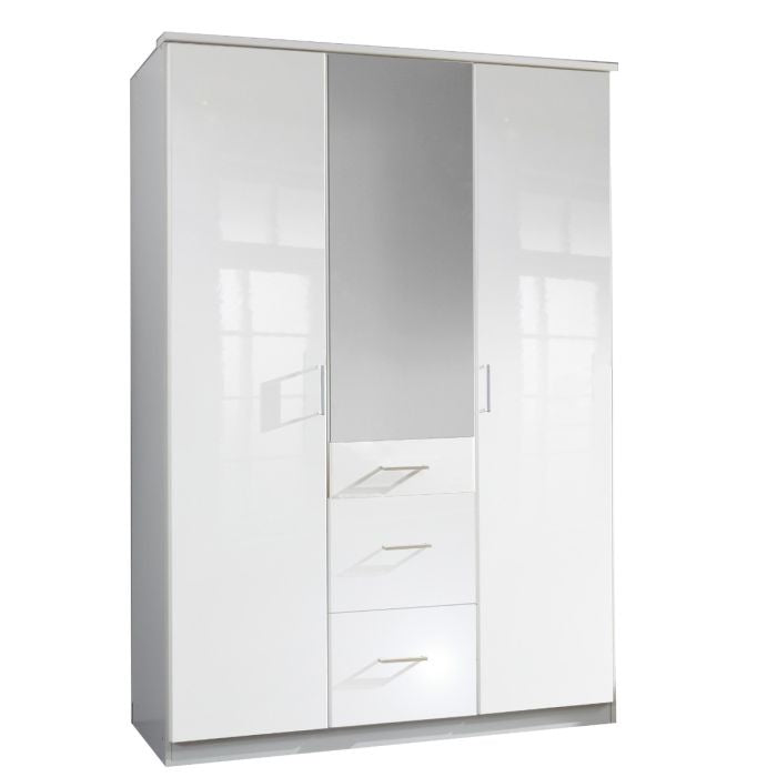 CHOICEWARDROBE CALLISTO 3-door white high gloss wardrobe with mirrored centre door and three drawers.