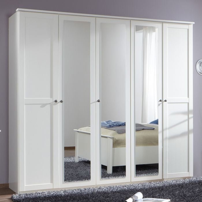CONWAY 5 door white wardrobe with mirrored panels