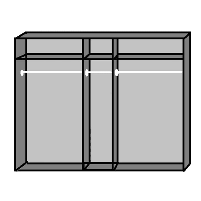 Line drawing of a white CONWAY 5 door wardrobe with three sections, two hanging rails, and open upper compartments.