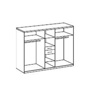 Black and white line drawing of the DAKAR 5 Door Wardrobe in white and oak (225cm), showing three sections with open shelves, two hanging rails, and three central drawers. The wardrobe is viewed from the front at an angle.