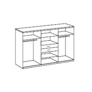 Line drawing of a wide wardrobe with two tall sides, shelves, three central drawers, and open top and bottom compartments—similar to the Wardrobe - DAKAR 6 Door Wardrobe Oak and Graphite 270cm.