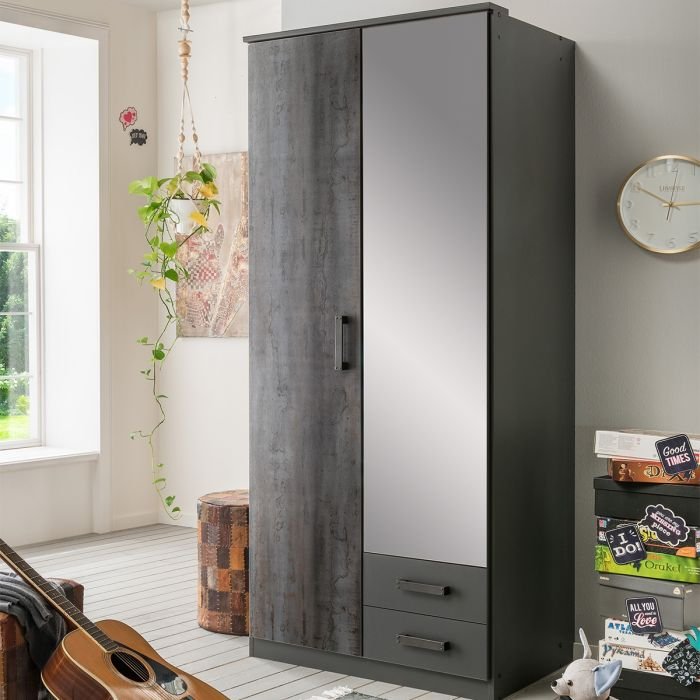 CHOICEWARDROBE Darwin 2-door grey wardrobe with mirrored panel and drawers.