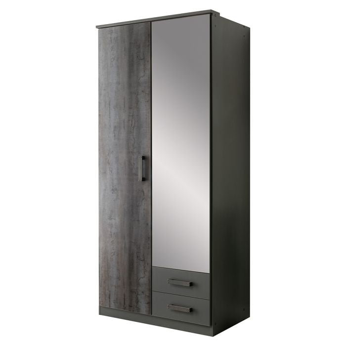 CHOICEWARDROBE Darwin 2-door grey steel finish wardrobe with mirrored door and drawers