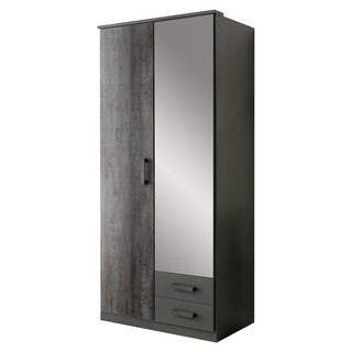 The DARWIN 2 Door Wardrobe Grey 90cm features a mirrored right door, two handle drawers, and a dark grey wood finish on the left door and sides.