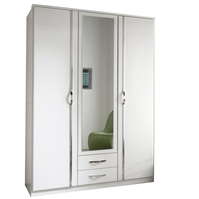 3 door white hinged wardrobe with mirrored centre door and two drawers