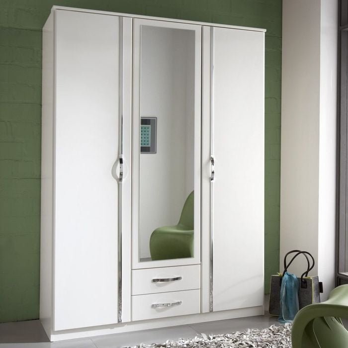 White 3 door wardrobe with mirrored centre door and two drawers