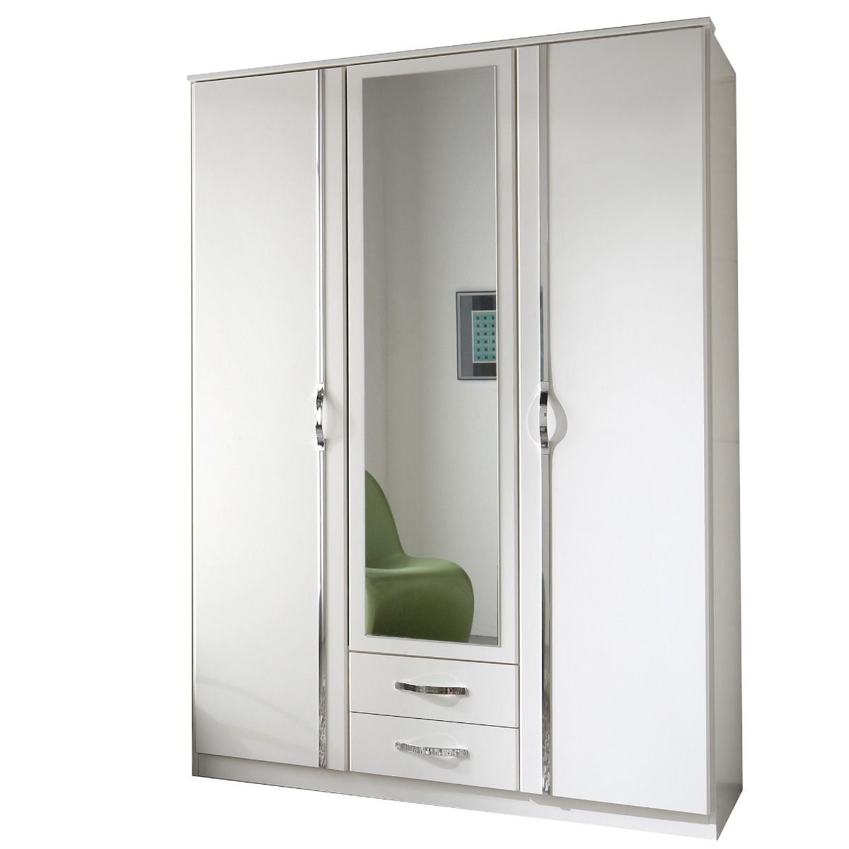 White 3 door hinged wardrobe with a mirrored centre door and two drawers