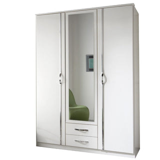 The DAYTON 3 Door Wardrobe in white (135cm) features a central mirrored door above two drawers, reflecting a green chair and wall-mounted object.