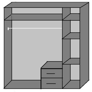 Black and white line drawing of the DAYTON 3 Door Wardrobe White 135cm, showing an open space with a hanging rod on the left, two drawers and shelves on the right, plus extra shelving above and beside the main section.
