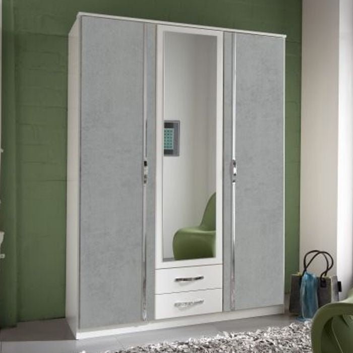 CHOICEWARDROBE DAYTON 3-door wardrobe, white and grey finish with mirrored centre door and two drawers.