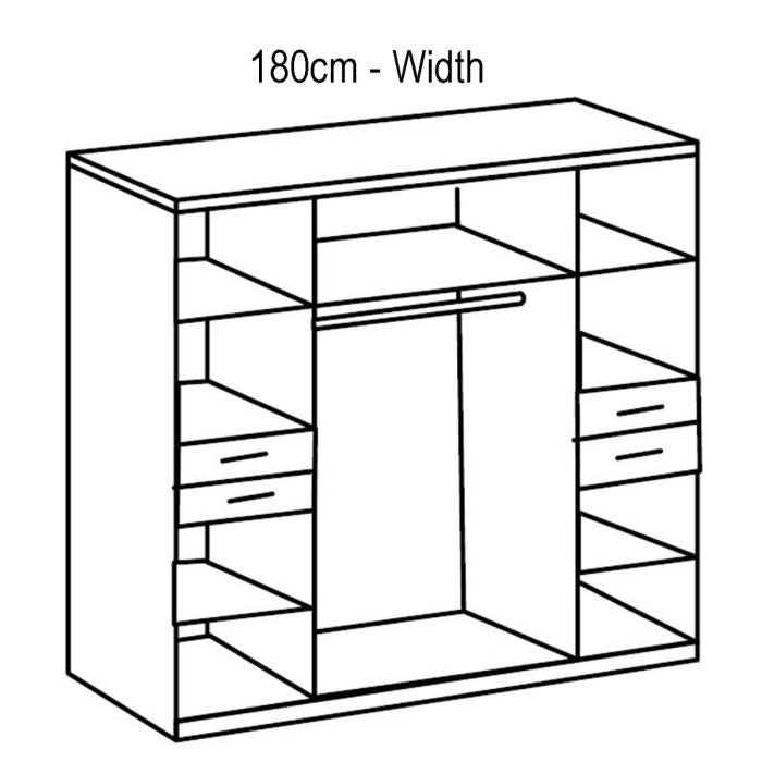Line drawing of a three-door wardrobe showing internal layout with hanging rail, shelves, and drawers, labelled 180cm - Width.