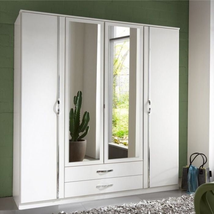 DAYTON 4 door white wardrobe with mirrored panels and central drawers