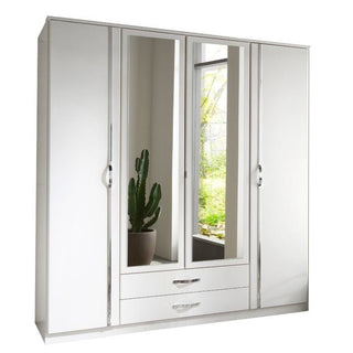 The DAYTON 4 Door Wardrobe in white (180cm) features two mirrored doors and two spacious drawers with silver handles, blending elegance and practicality for a stylish storage solution. Reflections of a cactus and window add extra charm.