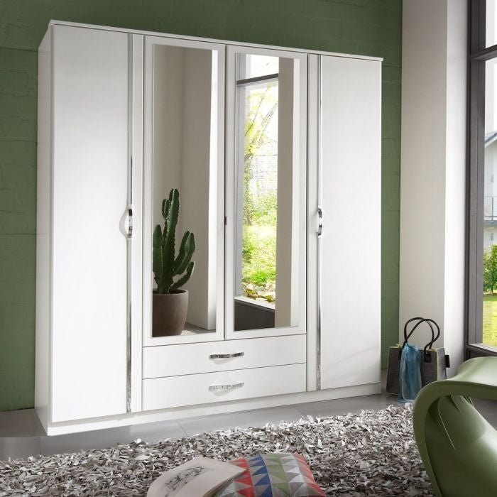 White 4-door DAYTON wardrobe with 2 central mirrored doors and 2 bottom drawers.