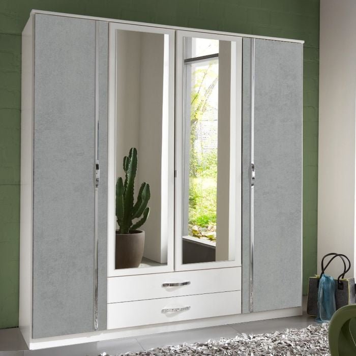 CHOICEWARDROBE DAYTON 4-door white and grey wardrobe with mirrored centre doors and silver handles.