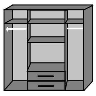 A grayscale illustration of the DAYTON 4 Door Wardrobe (White and Grey, 180cm) features bold outlines, two hanging rods on each side, two central shelves, and two bottom drawers.