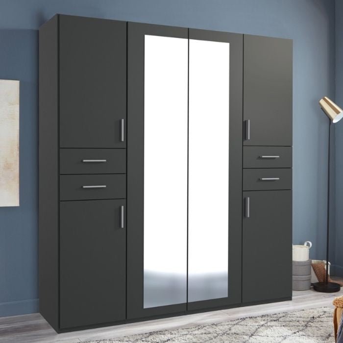 CHOICEWARDROBE FENTON 180cm graphite 4-door wardrobe with 4 drawers and mirrored doors.