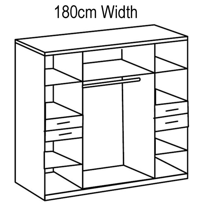 Line drawing of 180cm width 4-door wardrobe with 4 drawers and mirrored doors.
