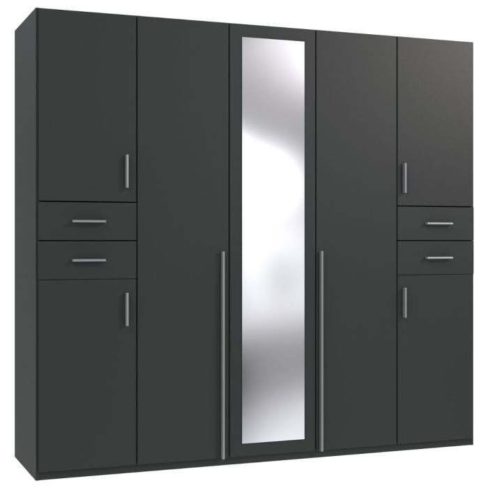 Graphite grey 5 door wardrobe with central mirrored door and drawers below top compartments.