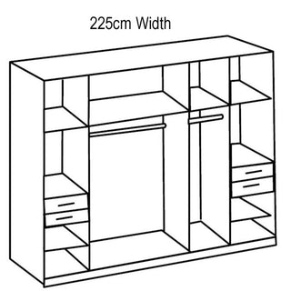 Line drawing of the FENTON 5 Door Mirrored Wardrobe in graphite finish, 225 cm wide, featuring multiple shelves, drawers, mirrored doors, and hanging rails.