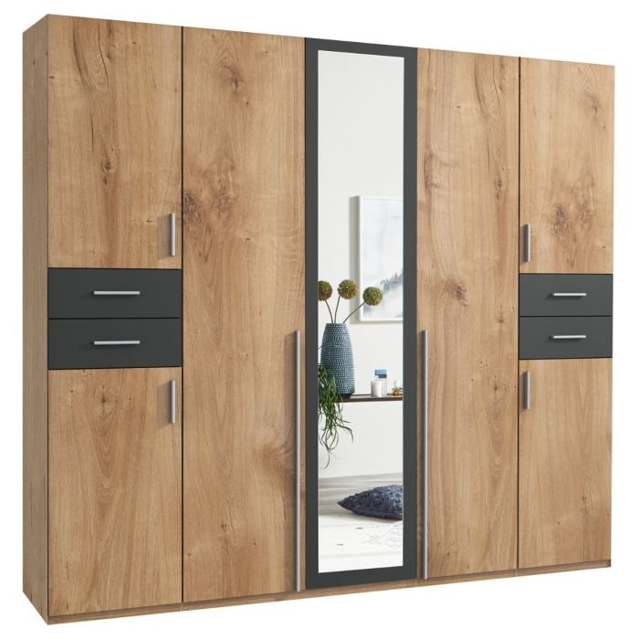 FENTON 5 door oak and graphite wardrobe with mirrored door and black drawers